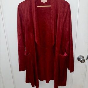 Max Studio Deep Red Open Front Cardigan Suede-Like Material